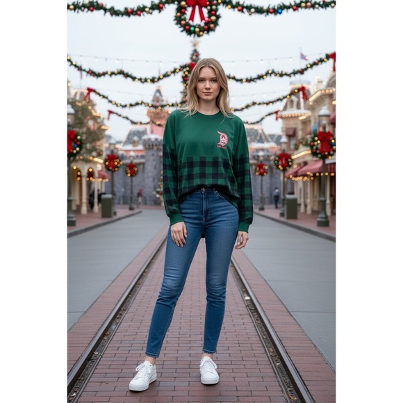 Disney Spirit Jersey Tops - NEW Disney Spirit Jersey XS Green Buffalo Plaid Disneyland Holiday Glitter Shirt